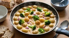 フライパン1つで作る夕食：ジャガイモとブロッコリーのクリームソースがけ